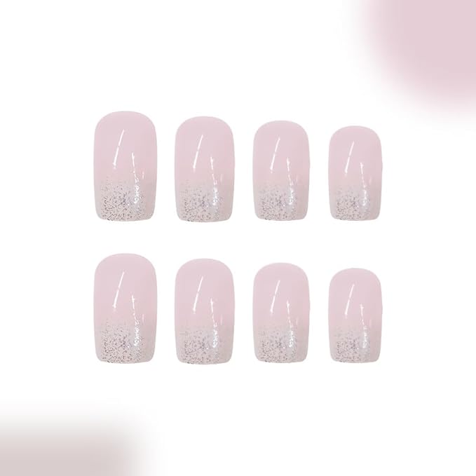 White Gradient Glitter Press on Nails Short Square Fake Nails Nude Glitter False Nails Full Cover Nude Sparkly French Glossy Acrylic Nails for Women and Girls DIY Manicure Decoration 24Pcs