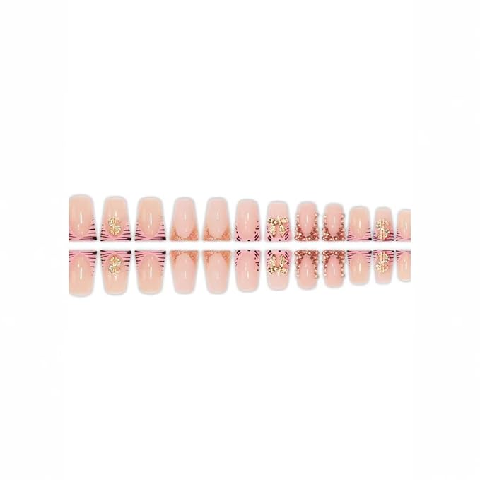 Bow Press on Nails French Tip Fake Nails Pink Glue on Nail with Charms Design Rhinestone False Nail Glossy Full Cover Artificial Acrylic Stick on Nails for Women Girls Manicure 24Pcs
