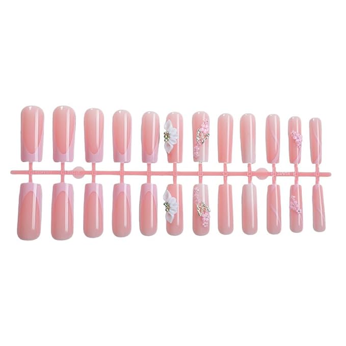 Long Press On Nails Square French Tip False Nails Pink Artificial Nails with Flowers Designs, 24pcs