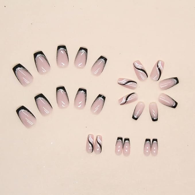Black French Tip Press on Nails Medium Coffin Fake Nails Silver Glitter Nails Press ons with Design Reusable Artificial Nail Full Cover Glue on Nail Stick on Nails for Women Manicure 24Pcs