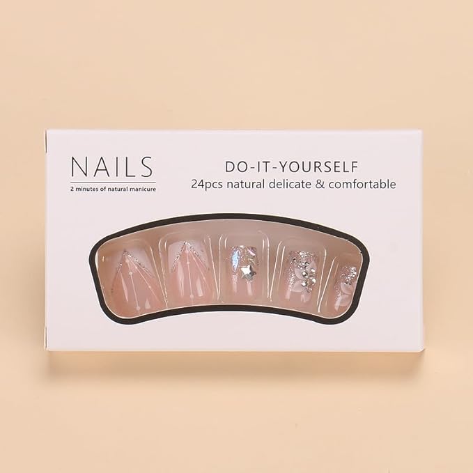 White French Tip Press on Nails Square Fake Nails Medium Length Nails Press ons with Glitter Design Reusable Artificial Nail Full Cover Glue on Nail Stick on Nails for Women Manicure 24Pcs
