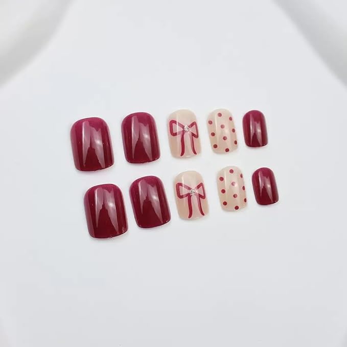 Short Press on Nails Square - Wine Red Fake Nails with Bow Design - Polka Dot Full Cover Stick on False Nails - for Women 24 Pcs