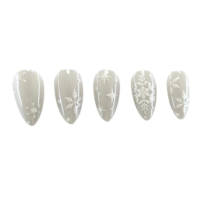 Maniology Press-On Nails Snow Bunny | Short Almond Shape Nail Tips – Snowflakes, Winter-Themed Manicure Designs, Reusable, Durable & Easy Application, 30-Piece 15 Sizes False Nails Kit
