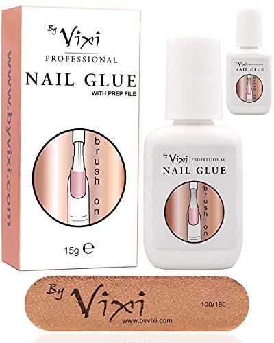 2X 15g By Vixi Extra Strong Nail Glue with Brush and Free PREP File Clear Instant Dry Adhesive, Professional Salon Quality