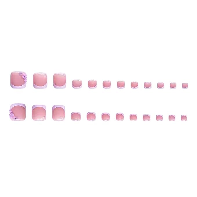48Pcs Square Press on Nails Long & Press on Toenails Set, French Tip Press on Nails with Purple Flower Charms Design False Nails Short Press on Toenails Full Cover Glue on Nails for Women Manicure