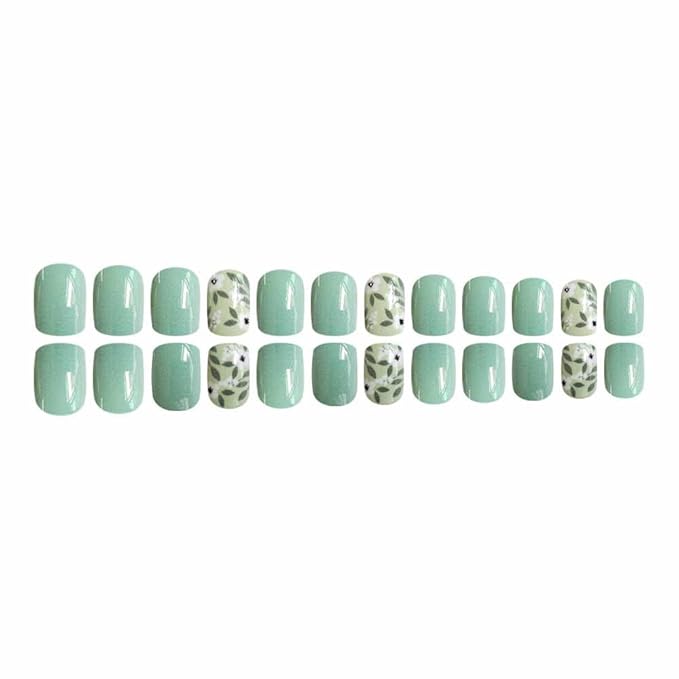 Press on Nails Square Short Fake Nails Press ons Nail Tips Artificial Acrylic Kit Full Cover False Nails with White Jasmine Glossy Simple Designs Stick on Nails for Women 24Pcs