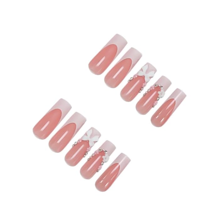 White French Tips Press on Nails - Long Square Fake Nails - Bow Charm Design - 3D Flower Rhinestone Stick on Nail Nude Pink Glue on Nails Glossy Summer False Nail for Women Manicure 24Pcs