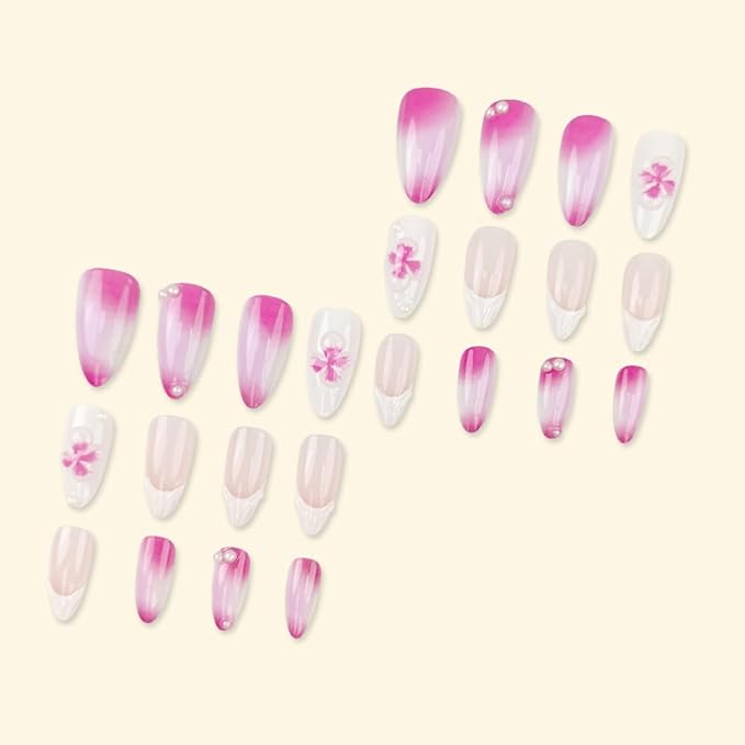 White French Tips Press on Nails - Almond Medium Stick on Nails - Purple Flower Charm Design Ombre Purple White False Nail Glossy Floral Glue on Nail for Women Manicure 24Pcs