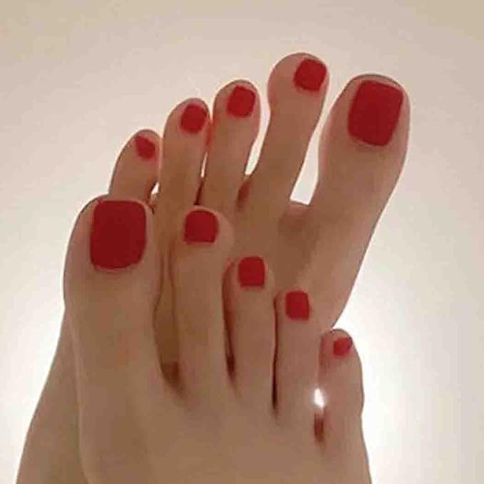 Red Square Fake Toenails Matte Press on Toe Nails Short Acrylic False Toes Nails Artificial Beach Full Cover Toenail for Women 24 Pcs (Red)
