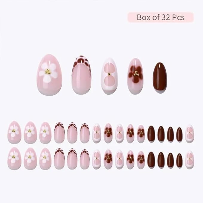 Press On Nails - Blossom | Floral Design Almond UV Finish Nails, Salon Quality | 32 Nails, 16 Sizes Kit with Glue and Adhesive Tabs I Female Founded