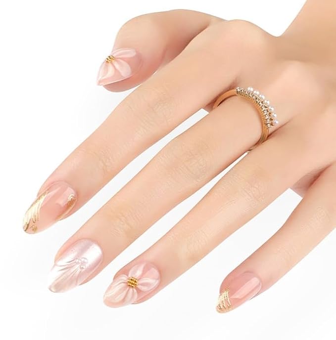 3D Press on Nails Short Almond with Flower Design, Pearl White Shell Press ons Glossy Stick on Nails for Women with Kit, Reusable Soft Gel Stick on Cute Fake Nail with Gold Line Designs Perfectly Fit
