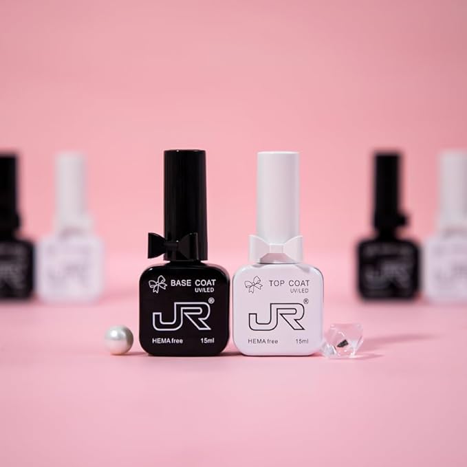 JR 6pcs 15ML HEMA&TPO Free No Wipe Gel Top &Base Coat Set Glossy Soak Off Clear Quick Dry High Glossy Shiny No Chip Long Lasting Air Dry Top Coat for Nail Art Manicure Professional Nail Salon
