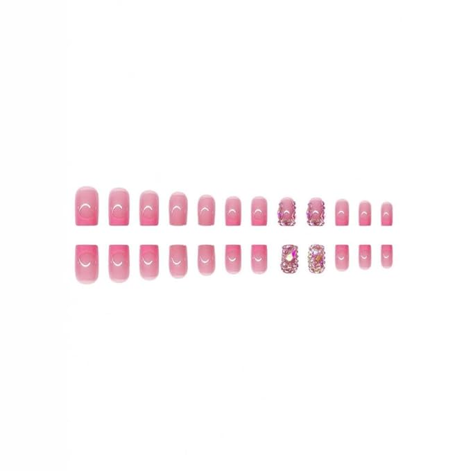 48Pcs Pink French Tips Press on Toenails Rhinestone Press on Nails Short Square Fake Nails with Designs Nude Pink Fake Toenails Glossy Reusable Gem Summer False Nails for Women Girls Manicure