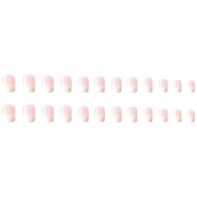 Ombre Press on Nails Short Square Fake Nails Nude False Nails Pink Nail Press ons Full Cover Acrylic Stick on Nails Gradient White French Tip Glossy Glue on Nail for Women Manicure Set 24Pcs