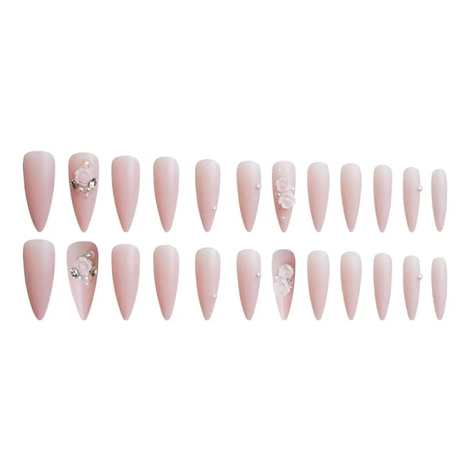 24PCS Long Stiletto Press On Nails-Matte Nude Pink Fake Nails with 3D Resin Rose Flower & Pwarl Acctents, Reusable Artifical Nail Tips for Women,Perfect for Wedding,Prom&Romantic Occasions