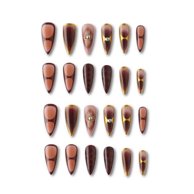 3D Brown Flowers Press On Nails Almond Short, 3D Pattern Designer Reusable Acrylic Nails Press Ons, Fake Nails With Glue On, Daily Wear Floral False Nails For Women