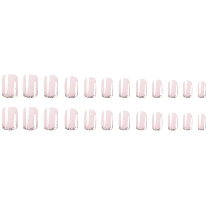 Press on Nails Square - Silver French Tip Fake Nails - Glossy Glitter Full Cover Stick on False Nails - for Women 24 Pcs