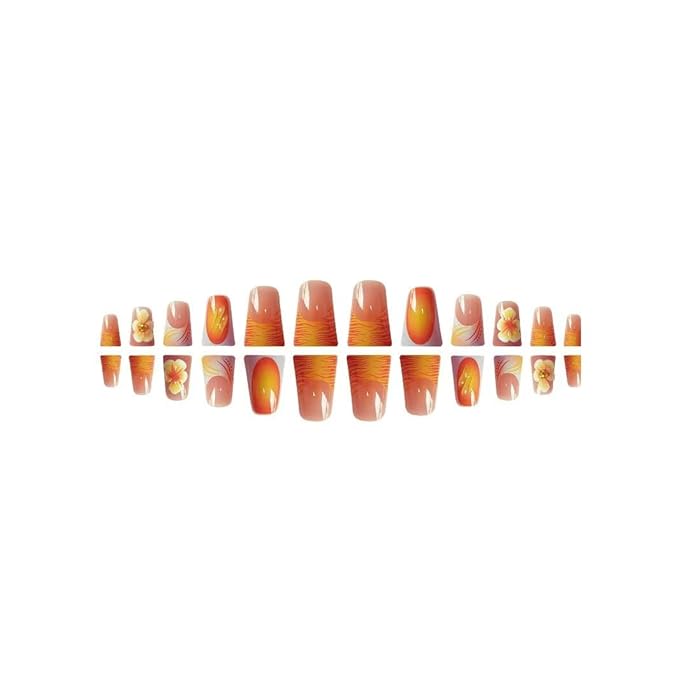 Orange Press on Nails Flower Fake Nails Glossy False Nails with Design French Tip Glue on Nails Reusable Artificial Acrylic Full Cover Duck Stick on Nails for Women Girls Manicure 24Pcs