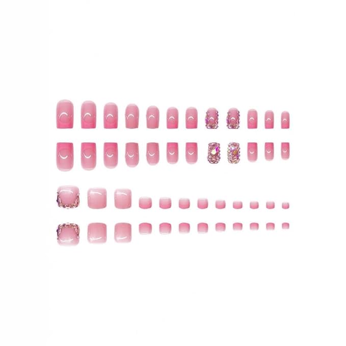 48Pcs Pink French Tips Press on Toenails Rhinestone Press on Nails Short Square Fake Nails with Designs Nude Pink Fake Toenails Glossy Reusable Gem Summer False Nails for Women Girls Manicure