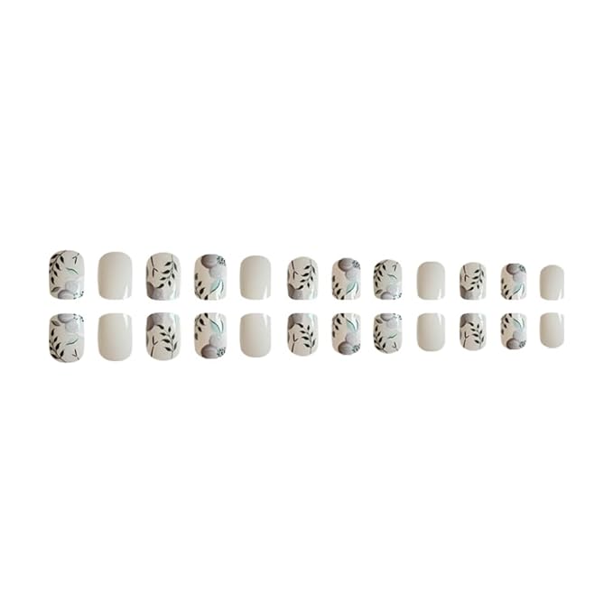 Press on Nails Square Short Fake Nails Press ons Artificial Acrylic Nail Tips Kit Full Cover False Nail with Flowers Leaves Glossy Designs Stick on Nails for Women 24Pcs