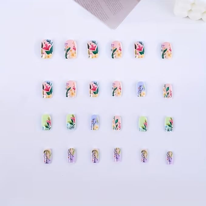 Square Press on Nails Purple Flower Nails Press ons Medium Floral Leaf False Nails Spring Glue on Nail Glossy Full Cover Stick on Nail Reusable Acrylic Fake Nails for Women Girls 24Pcs