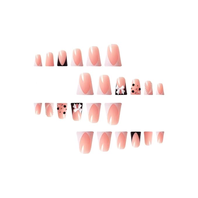 French Tip Nails Press ons Black White Fake Nails Duck False Nails with Design Rhinestone Glue on Nails Bow Stick on Nails Glossy Artificial Acrylic Full Cover Nail for Women Girls Manicure 24Pcs