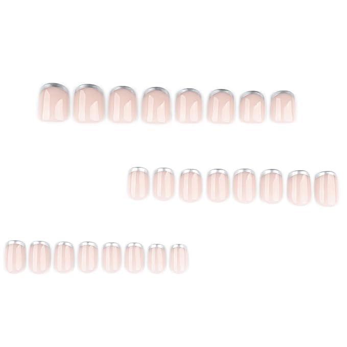 Silver French Tip Press on Nails Short Square Fake Nails French Nails Press ons with Silver Design,Reusable Artificial Nail Glossy Full Cover Glue on Nail Stick on Nails for Women Manicure 24 Pcs