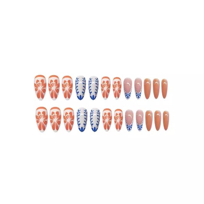 48Pcs Short Square Press on Toenails Medium Almond Press on Nails White French Tip Fake Nails with Blue Flower Design Glossy Orange Fruit False Nails Summer Toenails for Women Girls Manicure
