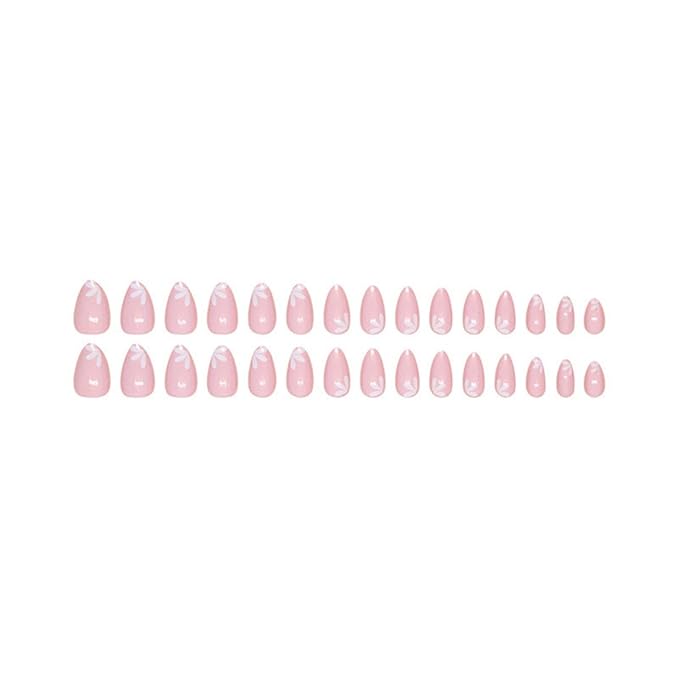Short Press Almond Pink False Nails with Cute Flower Design - Glitter Acrylic Glossy Full Cover Glue on Shiny Artificial Nails for Women's Manicure - 30Pcs