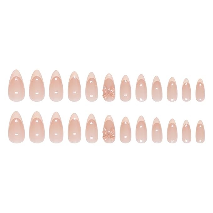 24pcs French Tip Press on Nails Medium Almond Fake Nails with Charms Designs Bow False Nails Stick on Nails Full Cover Glossy Artificial Nails for Women Girl Nail Decoration Supplies