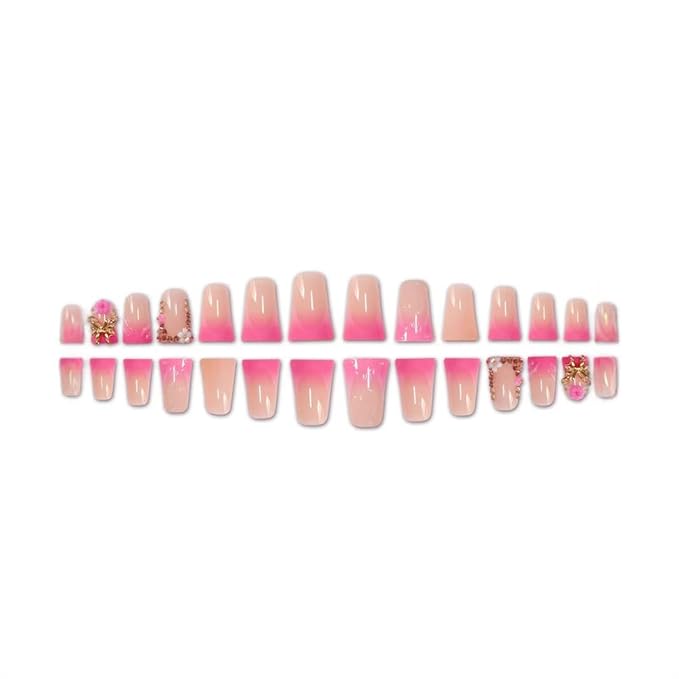 Pink Nail Press ons Ombre French Tip Fake Nails Flower False Nails with Butterfly Design Glossy Duck Glue on Nails Reusable Artificial Acrylic Full Cover Stick on Nails for Women Manicure 24Pcs