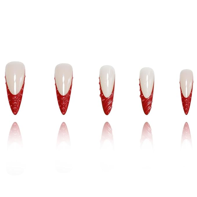 Long Stiletto Press on Nails Nude False Nails Red Dripping Glossy Stick on Nail for Women 24pcs