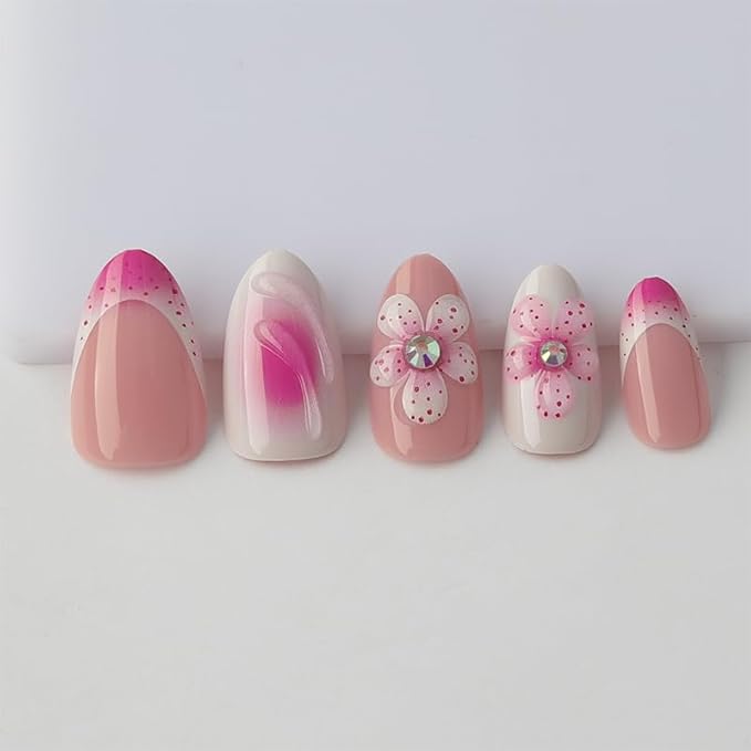 3D French Tip Flowers Press On Nails Almond Short, 3D Pattern French Tips Designer Reusable Acrylic Nails Press Ons, Fake Nails With Glue On, Daily Wear Floral False Nails For Women