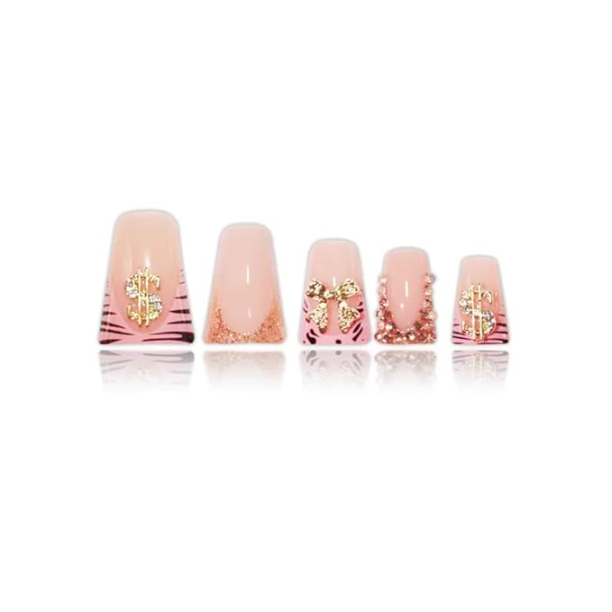 Bow Press on Nails French Tip Fake Nails Pink Glue on Nail with Charms Design Rhinestone False Nail Glossy Full Cover Artificial Acrylic Stick on Nails for Women Girls Manicure 24Pcs