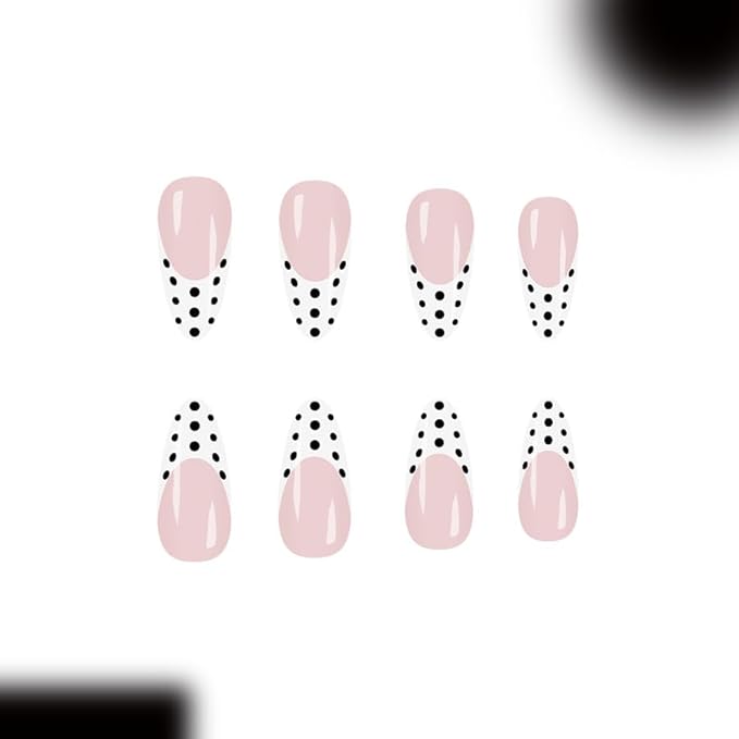 Almond Press on Nails Medium Fake Nails White French Tip False Nails Cute Black Polka Dot Design Reusable Artificial Nails Full Cover Glossy Glue on Nail Stick on Nail for Women Manicure 24Pcs