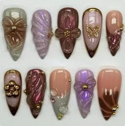 Small -Purple, Handmade French Almond Fake Nails, Artistic Design, Thick Acrylic and Muti-Layer Gel False Nails, Reusable, Supremely Fit Natural Stick On Nails10 Fake Nails Kit (Size S)