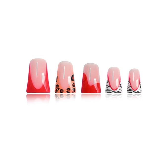 Red French Tip Glue On Nails Leopard Print 24Pcs Glossy Reusable Artificial Acrylic Full Cover False Nails