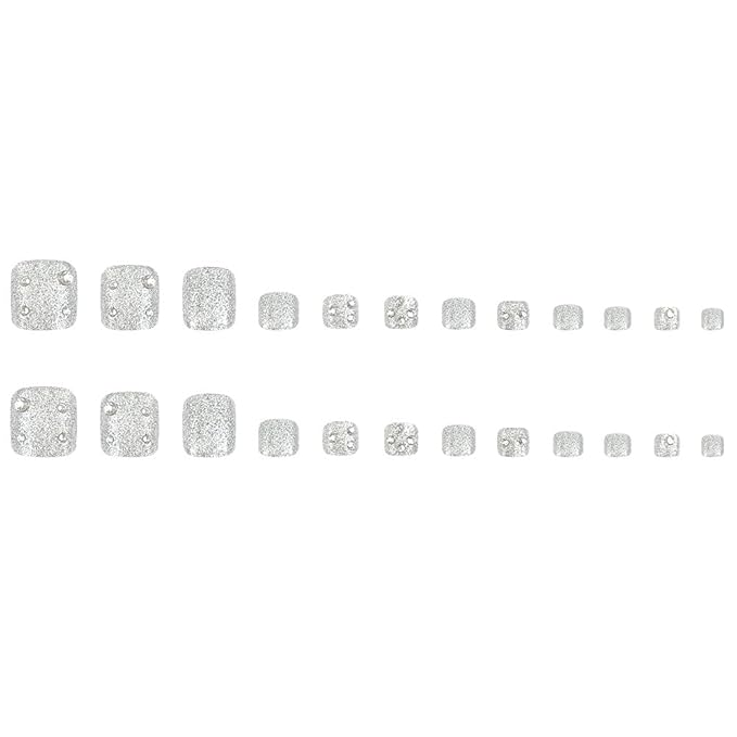 Silver Diamonds Press on Toe nails Short Square Fake Solid Toe Nails Tips Glitter Silver with Rhinestones False Toenails Glossy Summer Acrylic Toe Nails Decorations for Women Girls 24Pcs