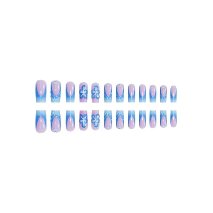 Blue French Tips Press on Nails Flower Press on Toenails Short Square Fake Nails with Pearl Flower Charm Design Floral False Toenails Glossy Reusable Summer False Nails for Women Girls Manicure 48Pcs