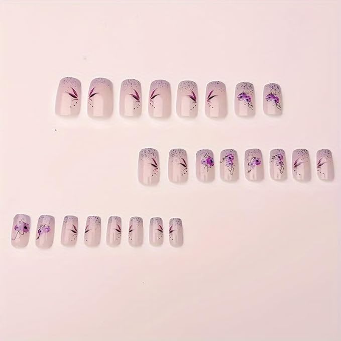 24Pcs Short Square Fake Nails Purple Flower Press on Nails Glitter Designs Valentine Nails Glue on Purple French Tip False Nail Full Cover Gradient Stick on Nail for Women Manicure Kit
