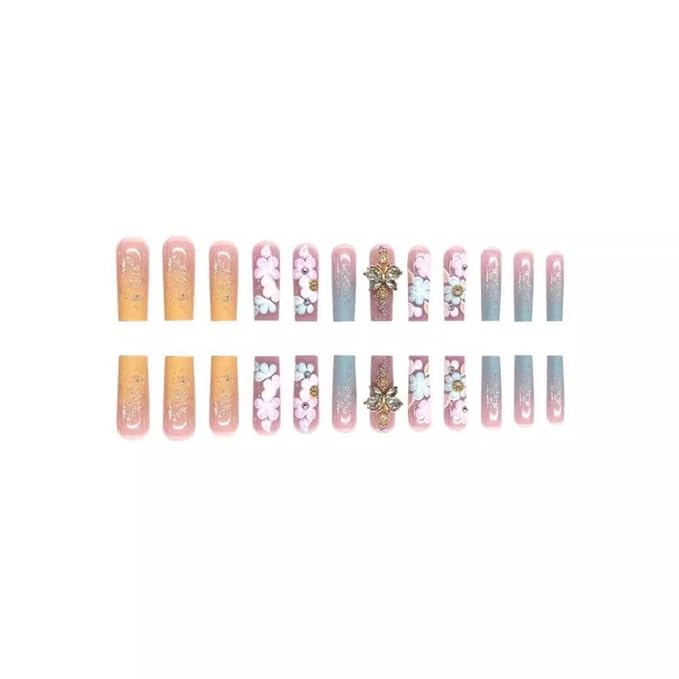 48Pcs Ombre Blue Press on Nails White French Tips Press on Toenails Long Square Fake Nails with Flower Charm Design Butterfly False Toenails Kit Glossy Summer False Nails for Women Girls DIY Manicure