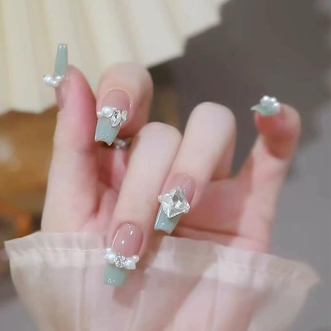 Press on Nails Medium Long 24pcs Glossy French Emerald Fake Nails with Rhinestone and Pearl Accents for Women and Girls – 24pcs with Glue Kit (Emerald)