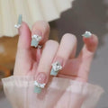 Press on Nails Medium Long 24pcs Glossy French Emerald Fake Nails with Rhinestone and Pearl Accents for Women and Girls – 24pcs with Glue Kit (Emerald)