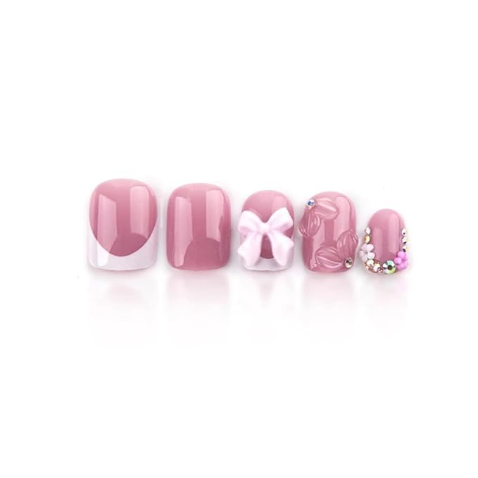 Pink Press on Short Square Fake Nails with 3D Bow Charms Design - Flower False Glue on Cute Acrylic Rhinestone Glossy Full Cover Stick on for Women Manicure - 24Pcs