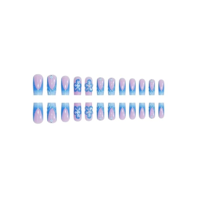 48Pcs Blue French Tips Press on Nails 3D Flower Press on Toenails Short Square Fake Nails with Flower Charm Design Floral False Toenails Glossy Reusable Summer False Nails for Women Girls Manicure