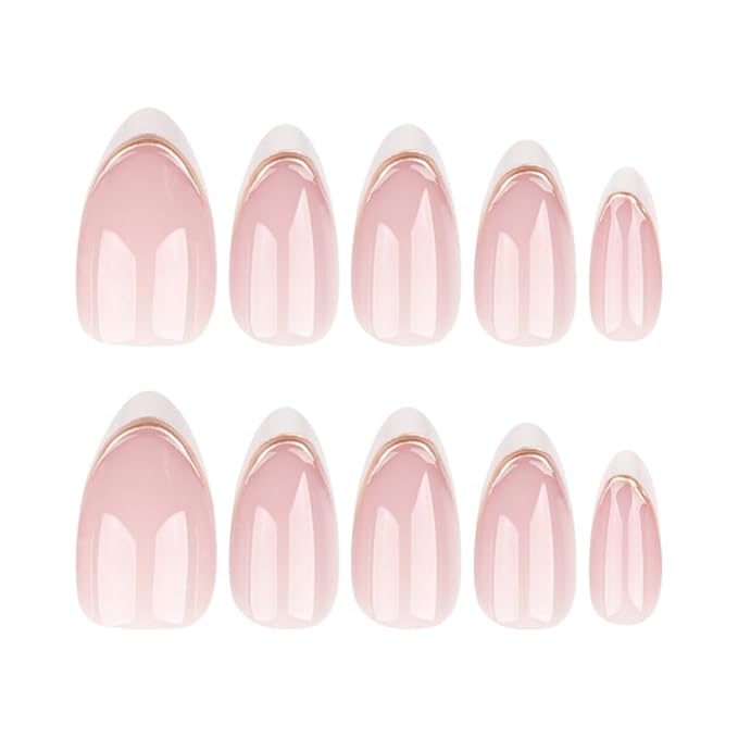 French Tip Press on Nails Short Almond Fake Nails Press ons with Designs Gold False Nails Glue on Nails White French Tips Glossy Full Cover Acrylic Artificial Stick on Nail for Women Manicure 24Pcs