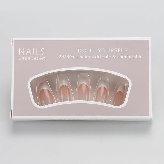 White French Tip Press on Nails Almond Medium Fake Nails Cat Eye False Nails Nude Ombre Acrylic Nails Glossy Shiny Gradient Glue on Nail for Women Manicure Decoration 30Pcs
