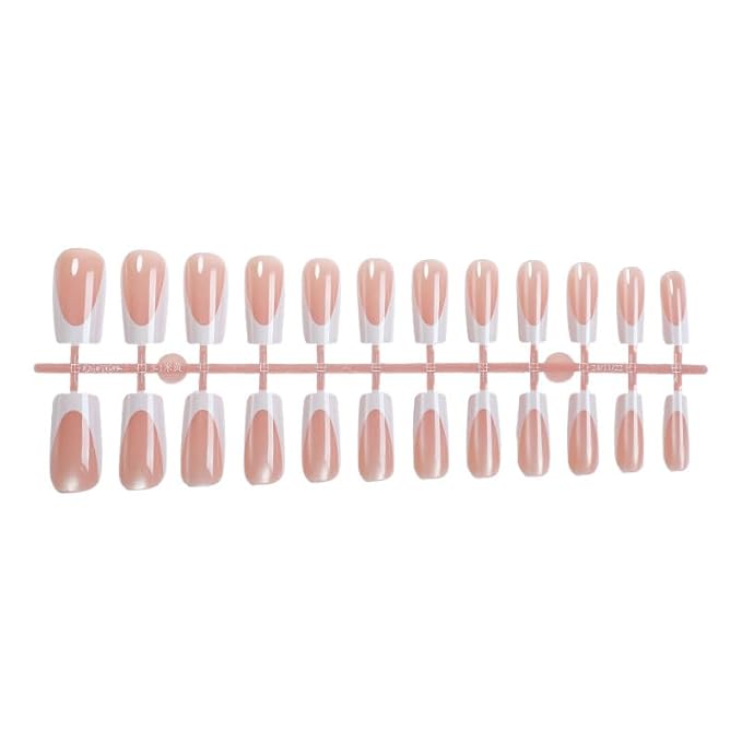 French Tip Press on Nails Medium Square Fake Nails Press ons with Designs Chrome False Nails Glossy Cat Eye Full Cover Glue on Nails Cute Acrylic Stick on Nail for Women Nail Decoration 24Pcs