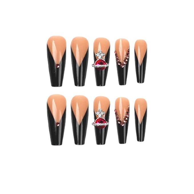 Long Press on Nails Square Fake Nails French Tip False Nails Black Artificial Nails with Designs Stick on Nails for Women 24pcs