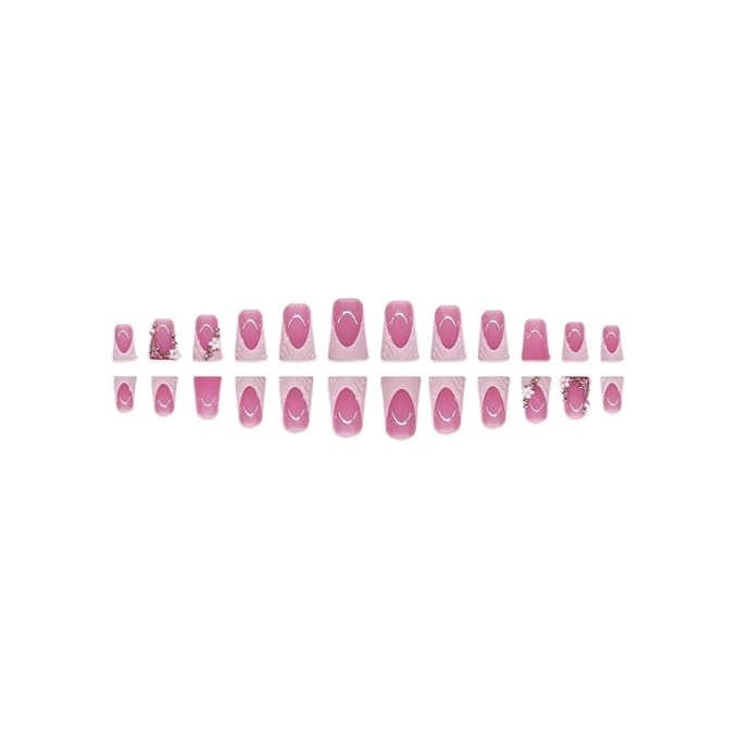 French Tip Press on Nails White Fake Nails Short Nail with Rhinestone Design Flower Glue on Nails Glossy Reusable Artificial Acrylic Full Cover False Nail Duck Stick on Nails for Women Manicure 24Pcs